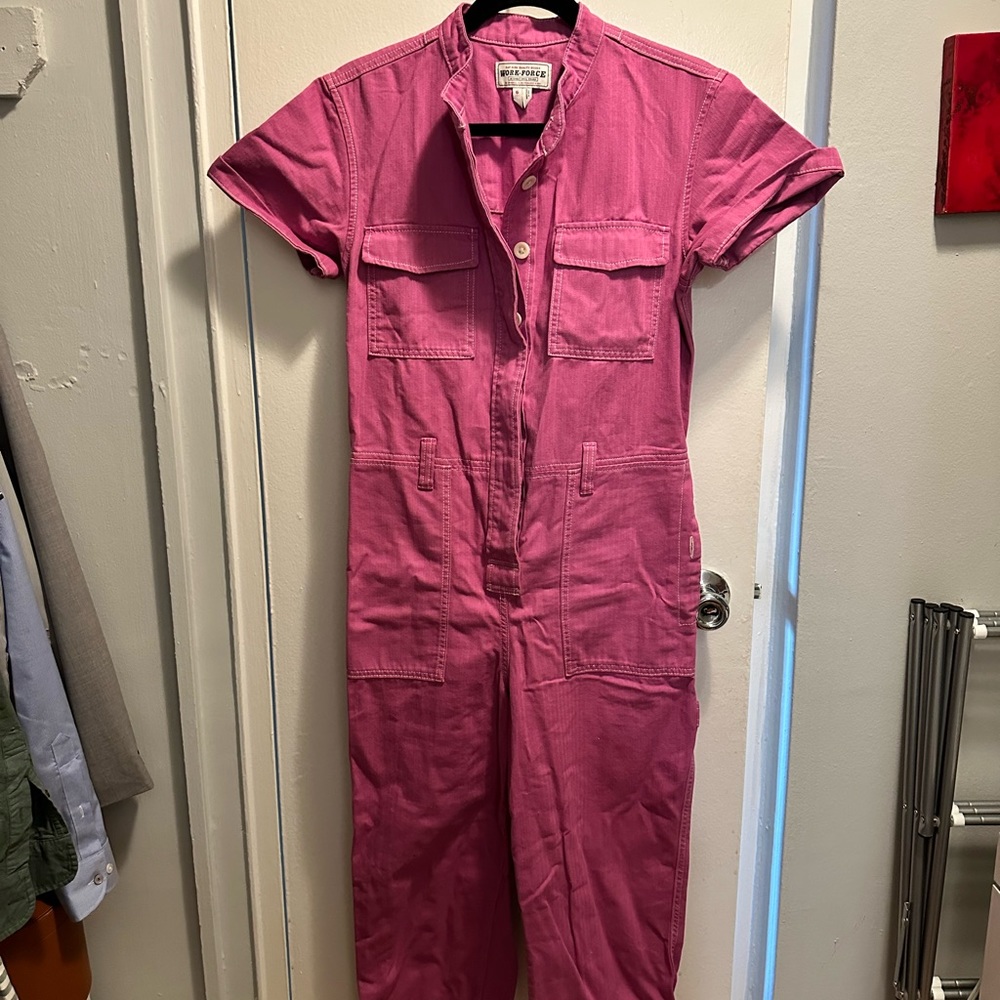 Pink utility denim jumpsuit